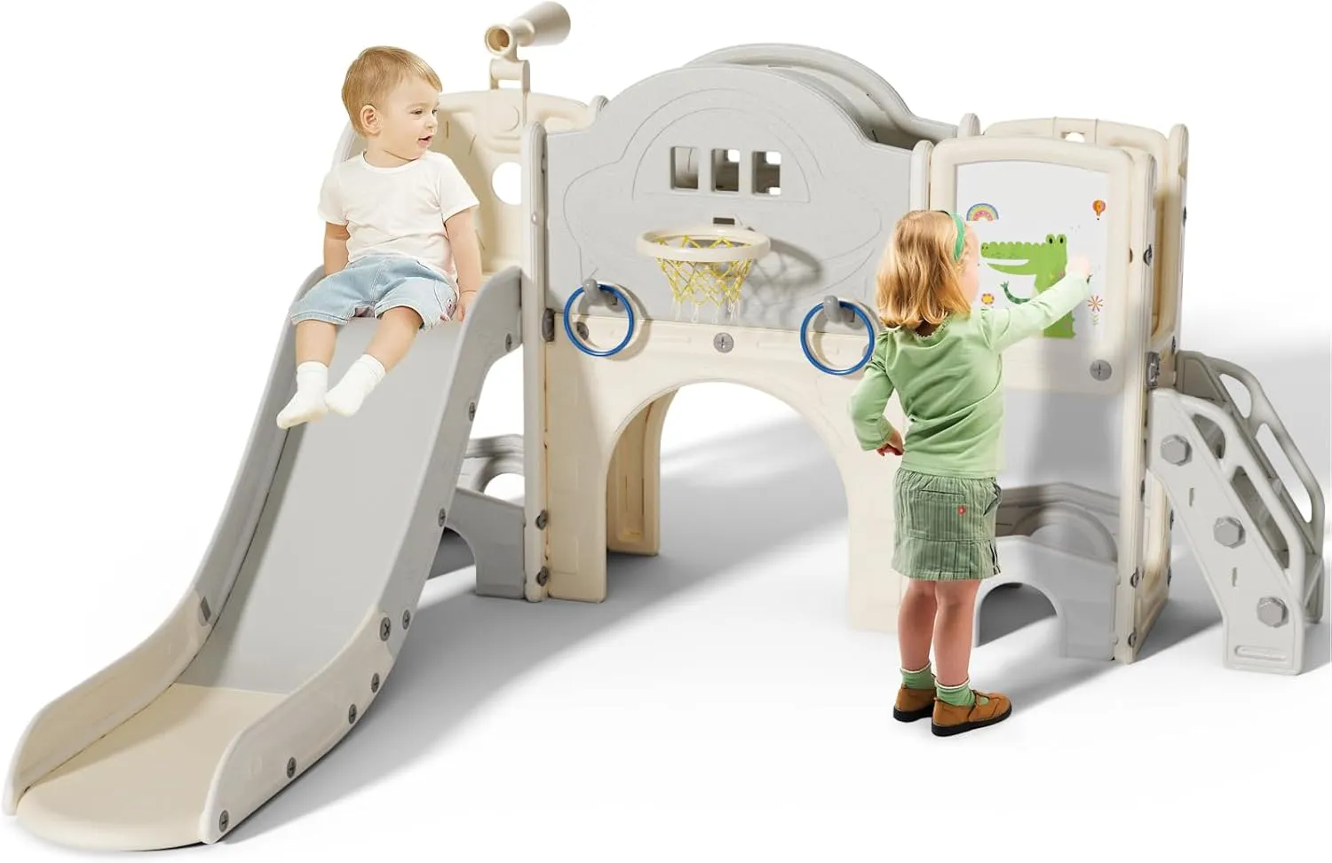 10 in 1 Toddler Slide for Toddlers Age 1-3, Extra-Long Slide with Basketball Hoop Indoor and Outdoor Baby Climber Playset Playground Freestanding Slide (Large, White Grey)