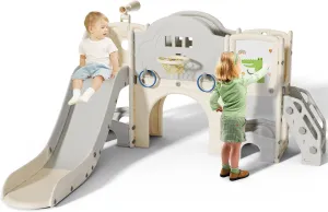 10 in 1 Toddler Slide for Toddlers Age 1-3, Extra-Long Slide with Basketball Hoop Indoor and Outdoor Baby Climber Playset Playground Freestanding Slide (Large, White Grey)