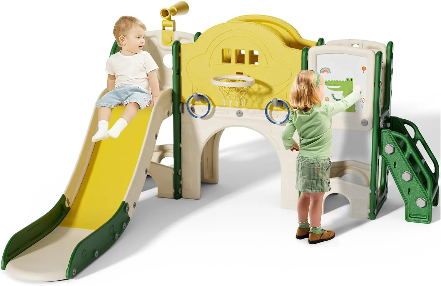 10 in 1 Toddler Slide for Toddlers Age 1-3, Extra-Long Slide with Basketball Hoop Indoor and Outdoor Baby Climber Playset Playground Freestanding Slide (Large, Yellow Green)