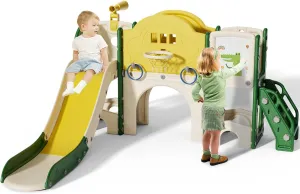 10 in 1 Toddler Slide for Toddlers Age 1-3, Extra-Long Slide with Basketball Hoop Indoor and Outdoor Baby Climber Playset Playground Freestanding Slide (Large, Yellow Green)