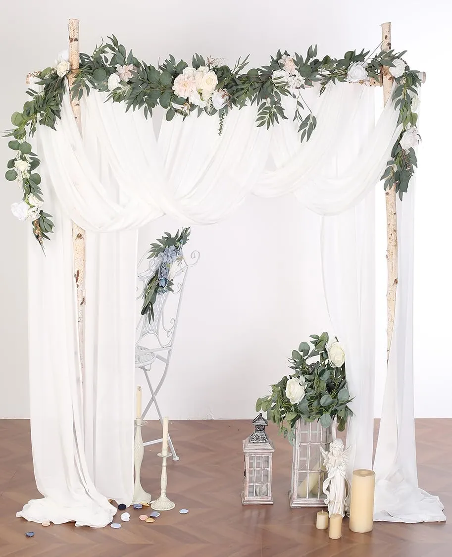 2 Panels 30FT Extra Long Wedding Arch Chiffon Draping Fabric, Arbor Drapes for Wedding Outdoor Party Reception Backdrop (White & White)