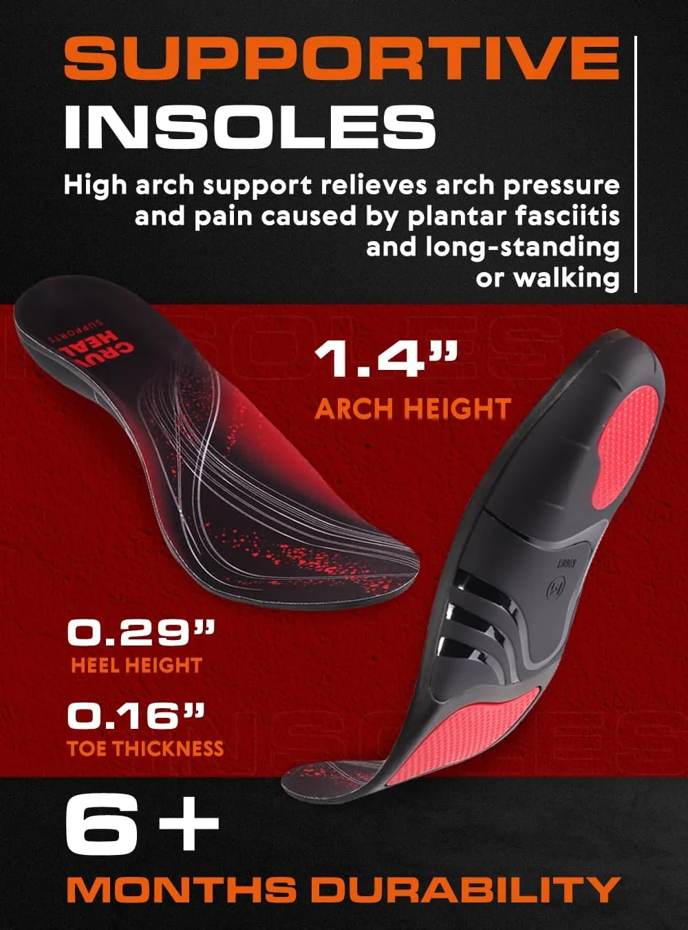 220  lbs Plantar Fasciitis High Arch Support Insoles Men Women - Orthotic Shoe Inserts - Boot Work Shoe Insole (M, Black)