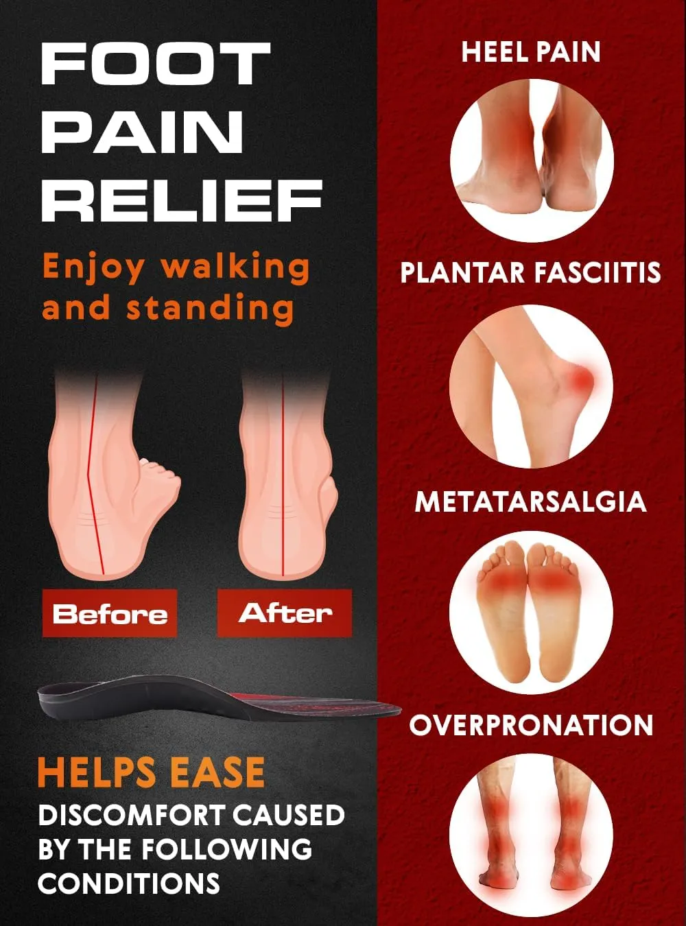 220  lbs Plantar Fasciitis High Arch Support Insoles Men Women - Orthotic Shoe Inserts - Boot Work Shoe Insole (M, Black)