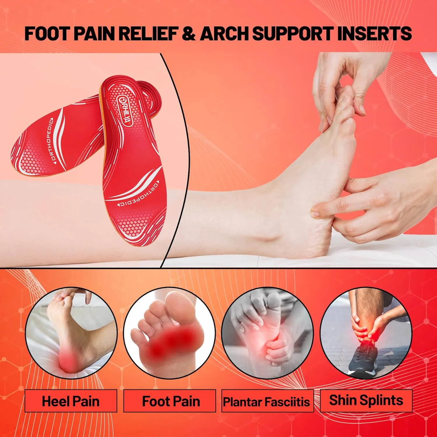 220lbs  Arch Support Insert Plantar Fasciitis Relief Foot Pain Orthotics Insole, Men Women Shoe Inserts for Standing All Day, Work Boot Comfort Cushion Insole for Flat Feet Heel Spur,250MM