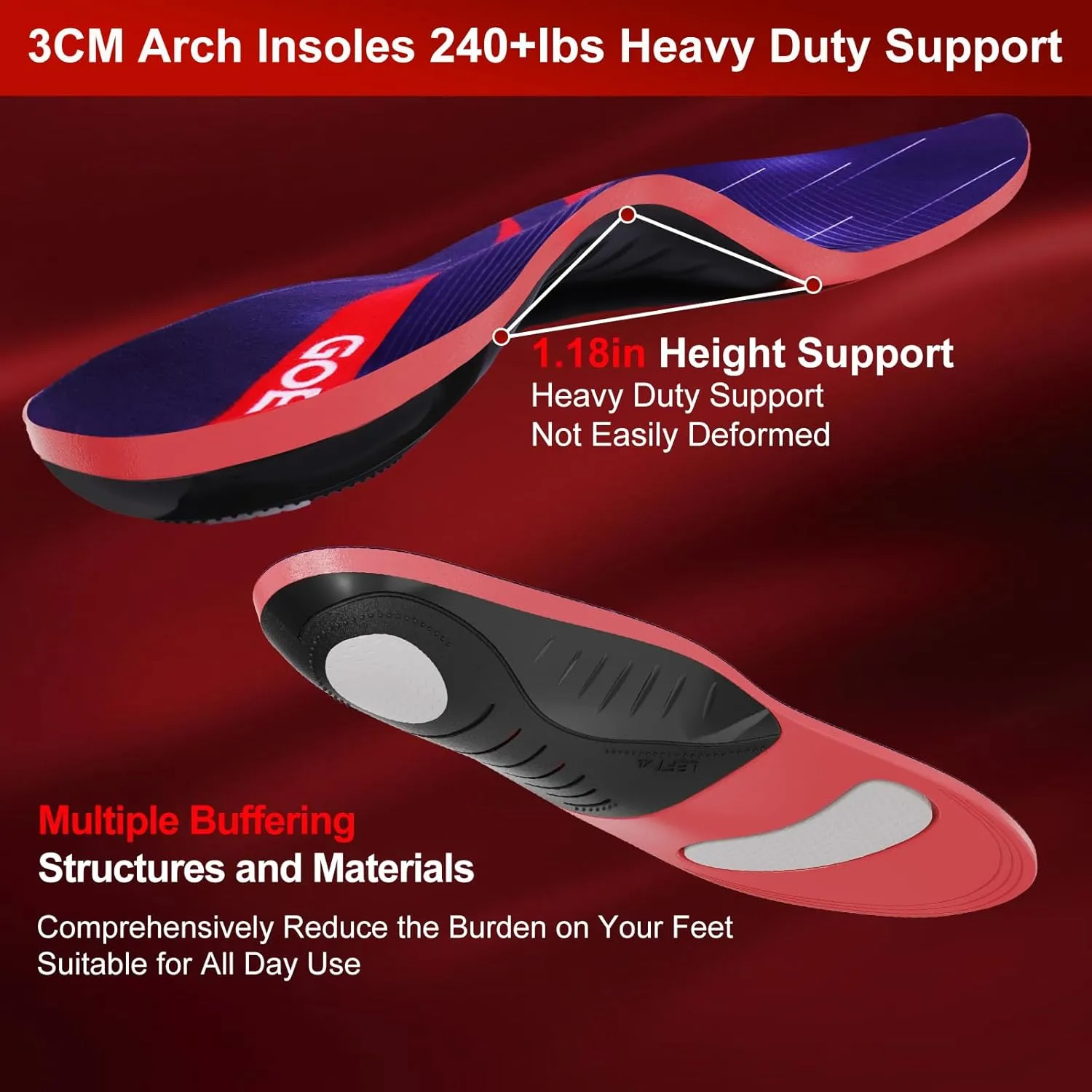 240 Ibs Plantar Fasciitis Insoles,FSA HSA Eligible,High Arch Support Inserts for Men Women,Heavy Duty Support for Orthotics Inserts,Flat Feet Insoles,Pain Relief,Work Boots & Sneakers (Red, L)