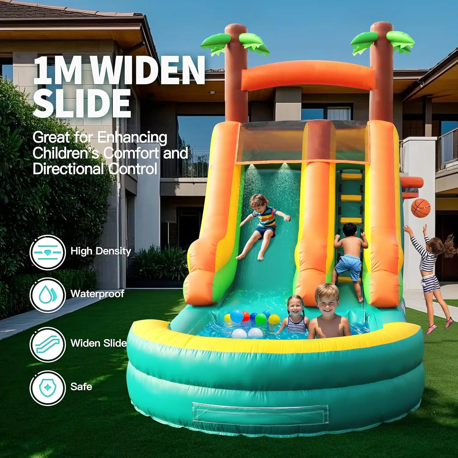 26FT Inflatable Water Slide for Kids, PVC Commercial Grade Water Slide with Splash Pool, 4-in-1 Tropical Rainforest Style Water Slide with Climbing & Basketball Set & Air Blower for Birthday, Party