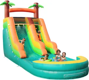 26FT Inflatable Water Slide for Kids, PVC Commercial Grade Water Slide with Splash Pool, 4-in-1 Tropical Rainforest Style Water Slide with Climbing & Basketball Set & Air Blower for Birthday, Party