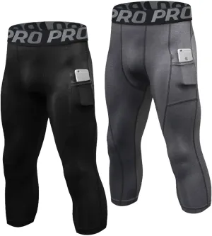 3/4 Compression Pants for Men with Pockets Capri Sports Legging Basketball Running Tights Cool Dry Workout Baselayer