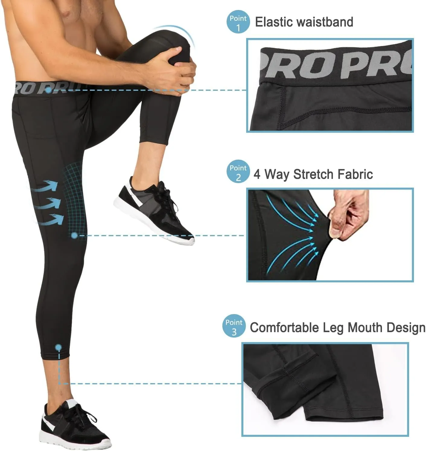 3/4 Compression Pants for Men with Pockets Capri Sports Legging Basketball Running Tights Cool Dry Workout Baselayer