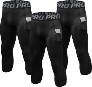3/4 Compression Pants for Men with Pockets Capri Sports Legging Basketball Running Tights Cool Dry Workout Baselayer