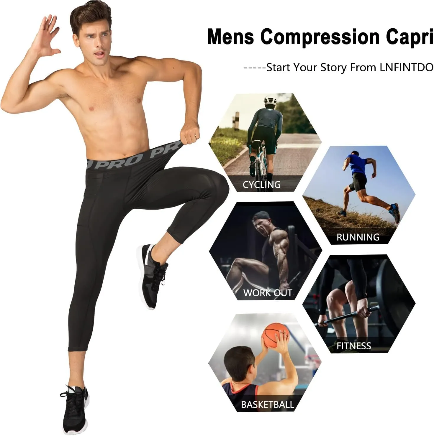 3/4 Compression Pants for Men with Pockets Capri Sports Legging Basketball Running Tights Cool Dry Workout Baselayer