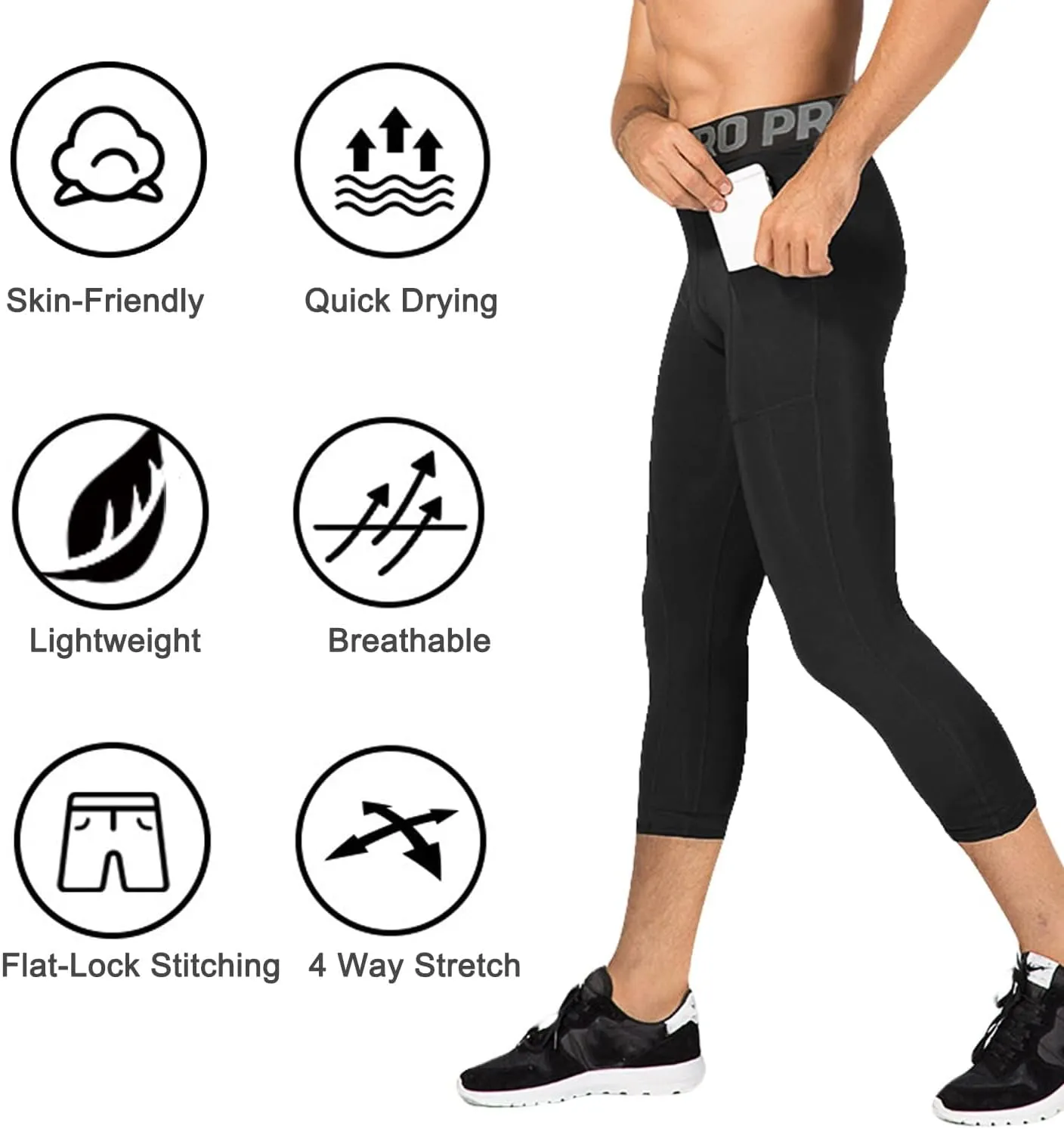 3/4 Compression Pants for Men with Pockets Capri Sports Legging Basketball Running Tights Cool Dry Workout Baselayer