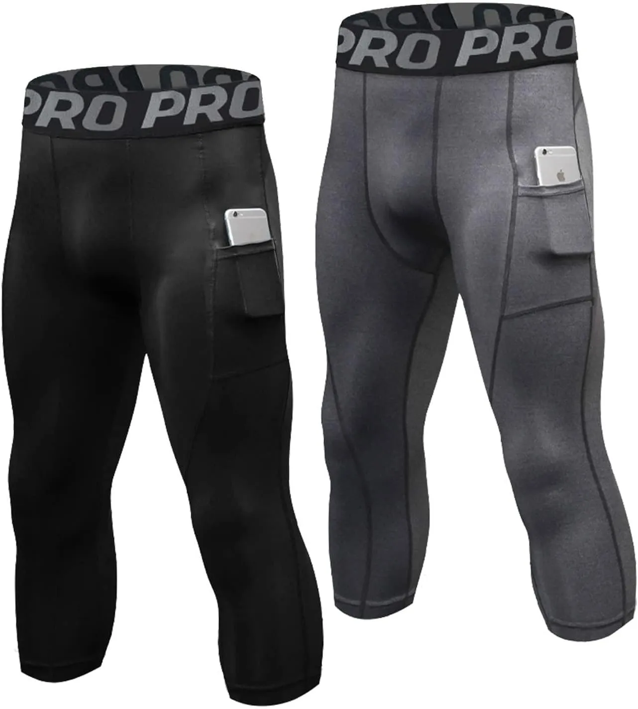 3/4 Compression Pants for Men with Pockets Capri Sports Legging Basketball Running Tights Cool Dry Workout Baselayer