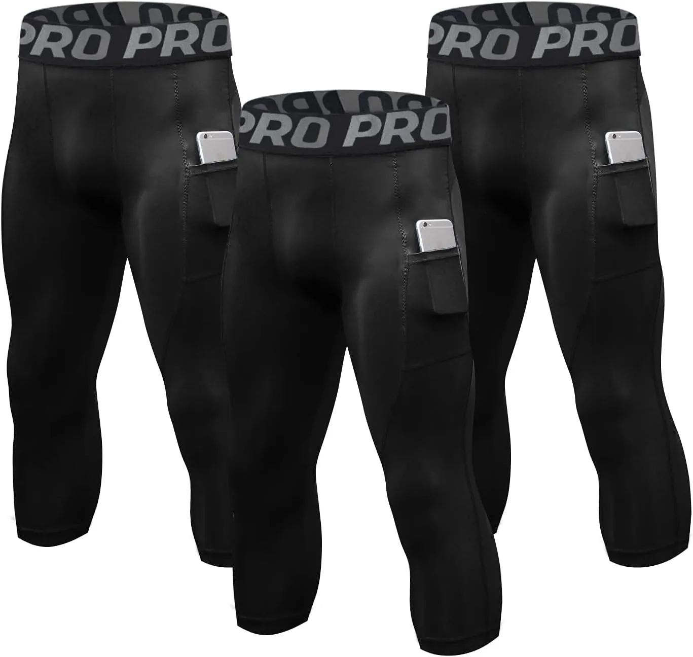 3/4 Compression Pants for Men with Pockets Capri Sports Legging Basketball Running Tights Cool Dry Workout Baselayer