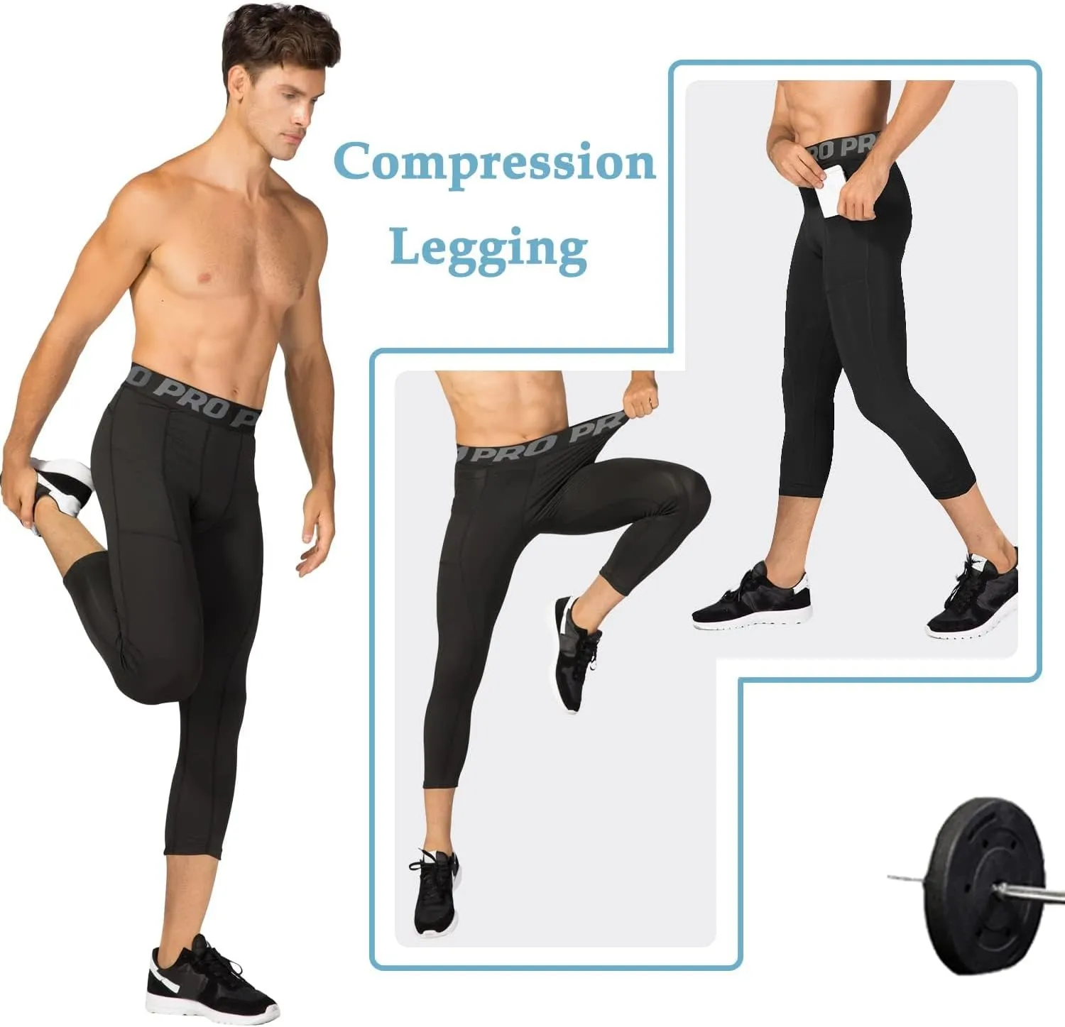 3/4 Compression Pants for Men with Pockets Capri Sports Legging Basketball Running Tights Cool Dry Workout Baselayer