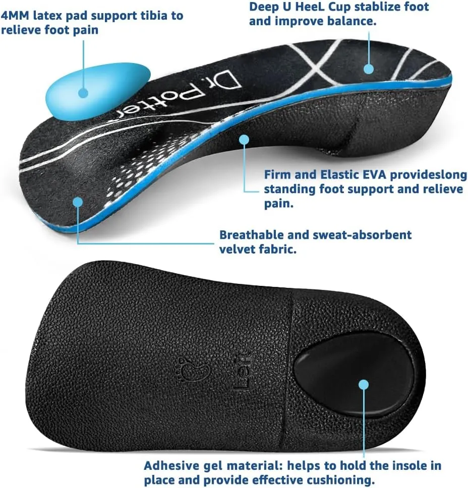 3/4 Plantar Fasciitis Insoles, High Arch Support Inserts for Flat Feet, Over-Pronation and Foot Pain, Metatarsal Support Insoles for Metatarsalgia (Large(Men's 9-11, Women's 10-12))