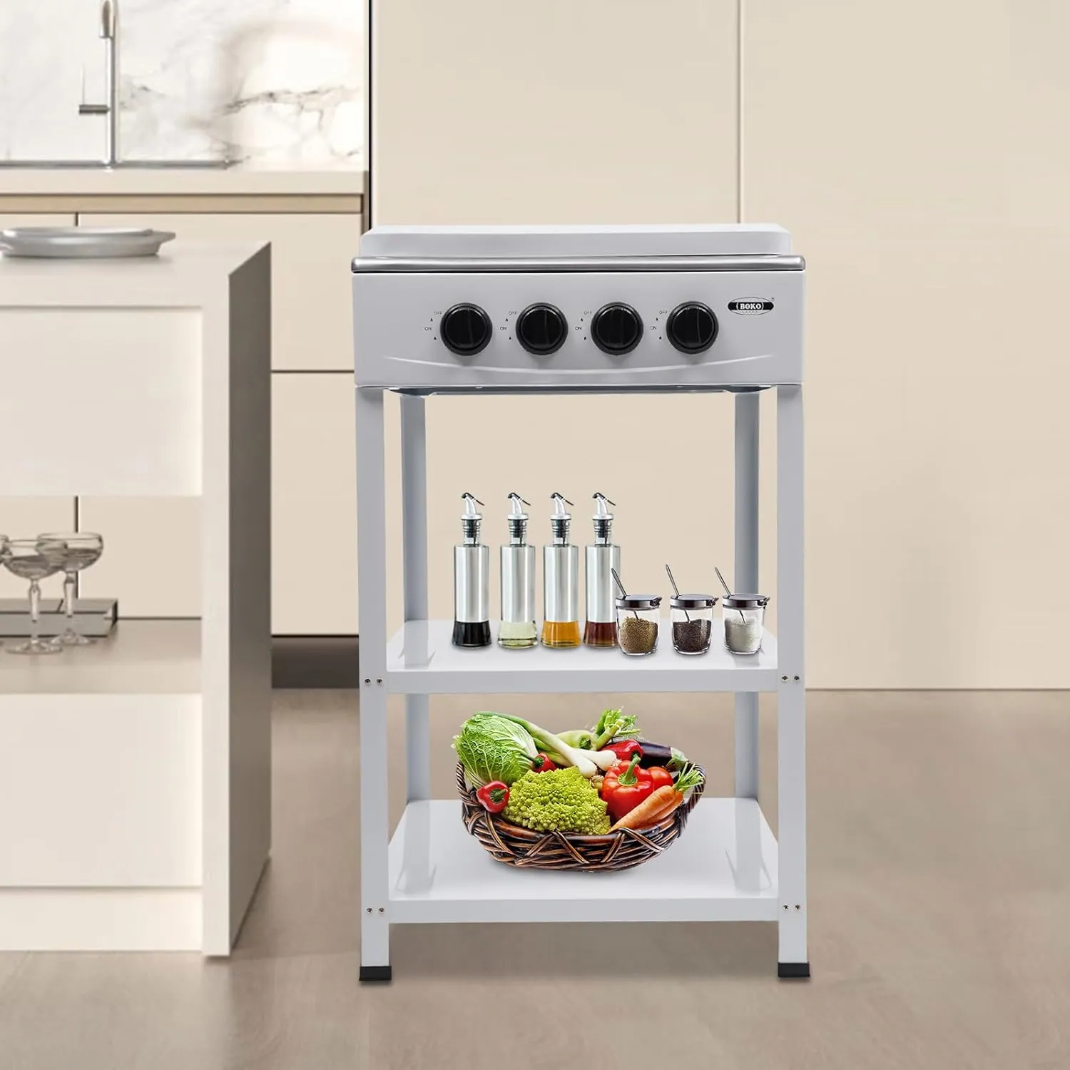 4 Burner Natural Gas Stove, Iron Camp Stove, Portable Gas Stove, Manual Ignition Camping Stove with Support Leg Stand and Wind Blocking Cover Adapter, 19.3" L x 19.3" W x 31.1" H (White)