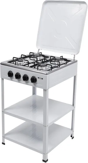 4 Burner Natural Gas Stove, Iron Camp Stove, Portable Gas Stove, Manual Ignition Camping Stove with Support Leg Stand and Wind Blocking Cover Adapter, 19.3" L x 19.3" W x 31.1" H (White)