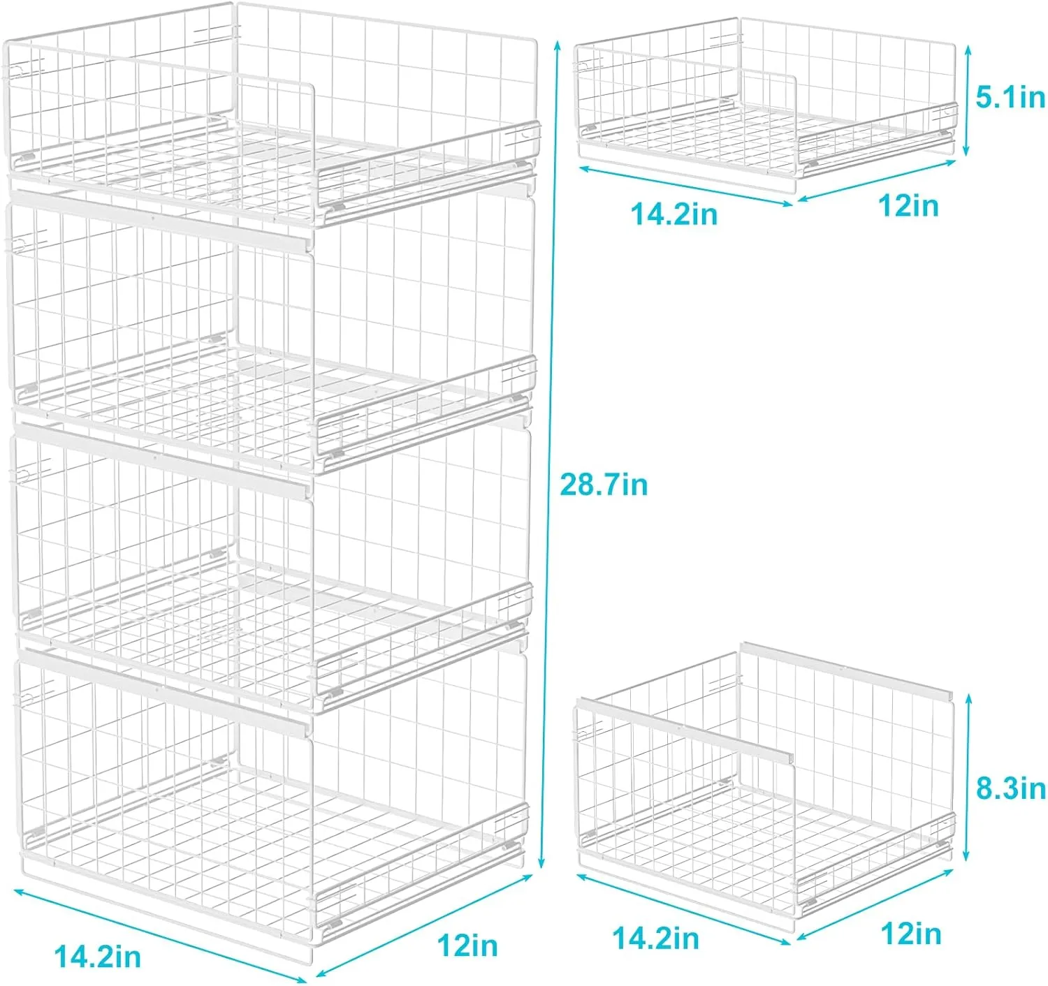 4-Tier Stackable Closet Organizers and Storage Shelves, Sliding Storage Basket Clothes Bins Drawer Shelf Container for Wardrobe Kitchen Bathroom Office, White