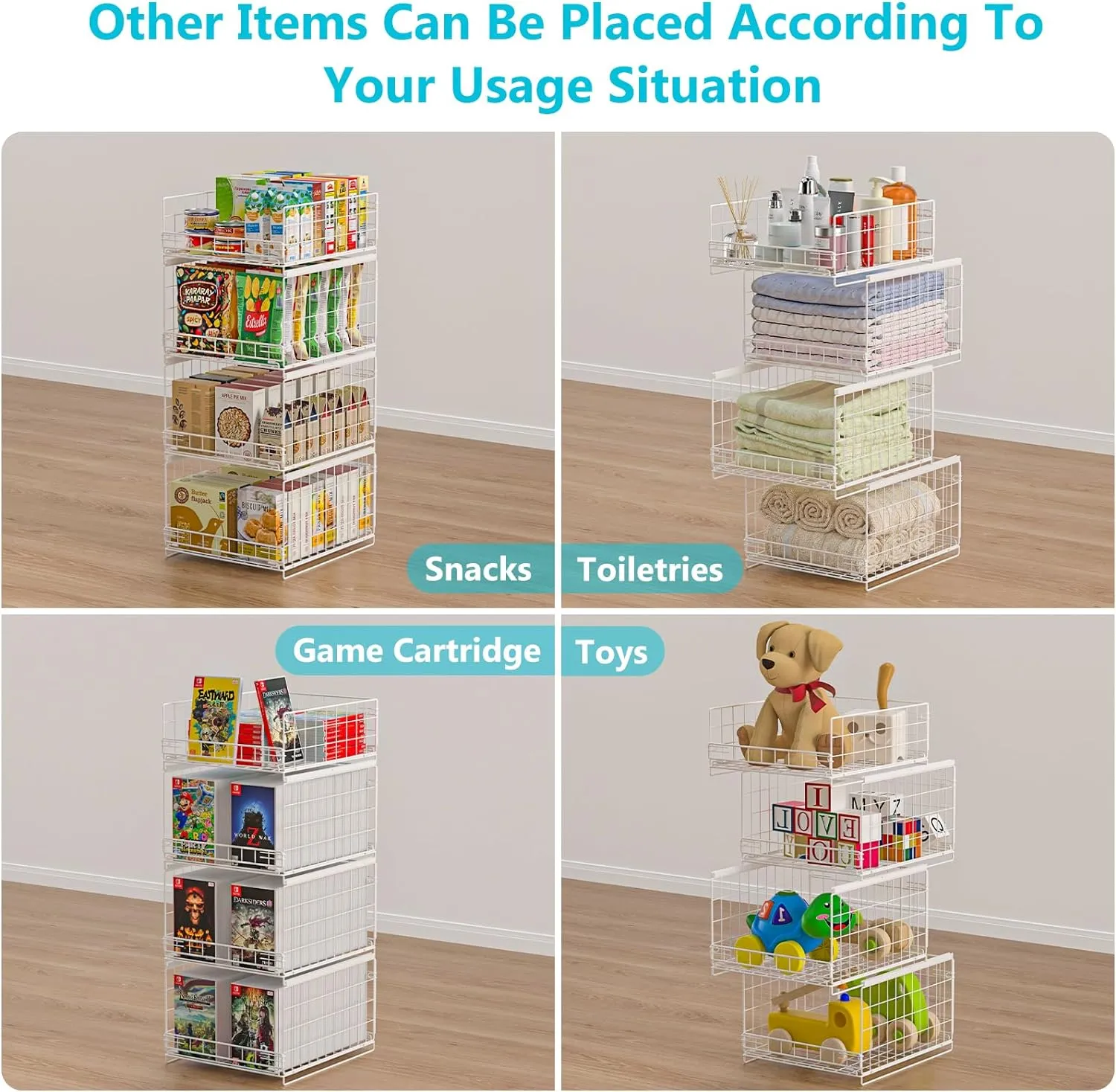 4-Tier Stackable Closet Organizers and Storage Shelves, Sliding Storage Basket Clothes Bins Drawer Shelf Container for Wardrobe Kitchen Bathroom Office, White