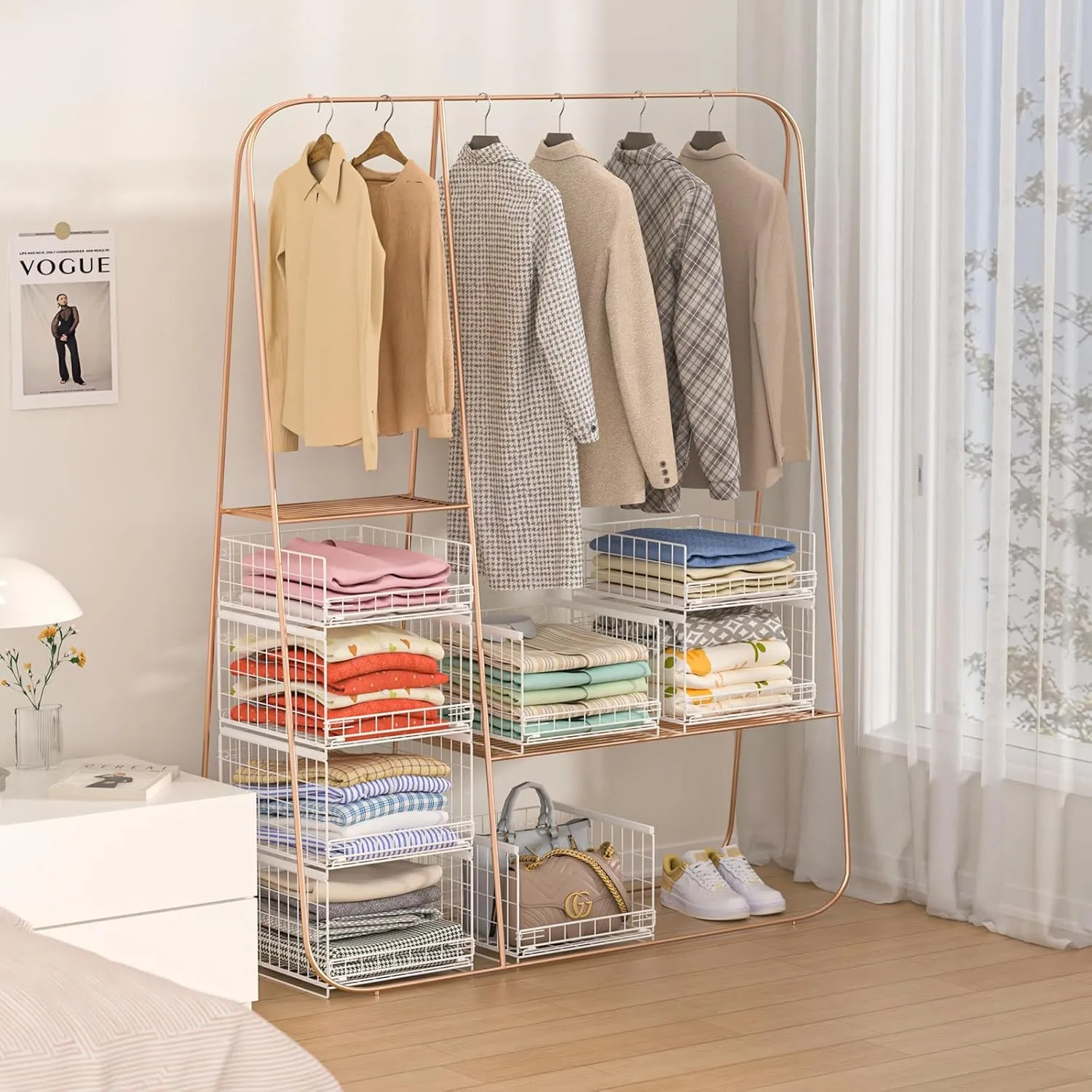 4-Tier Stackable Closet Organizers and Storage Shelves, Sliding Storage Basket Clothes Bins Drawer Shelf Container for Wardrobe Kitchen Bathroom Office, White