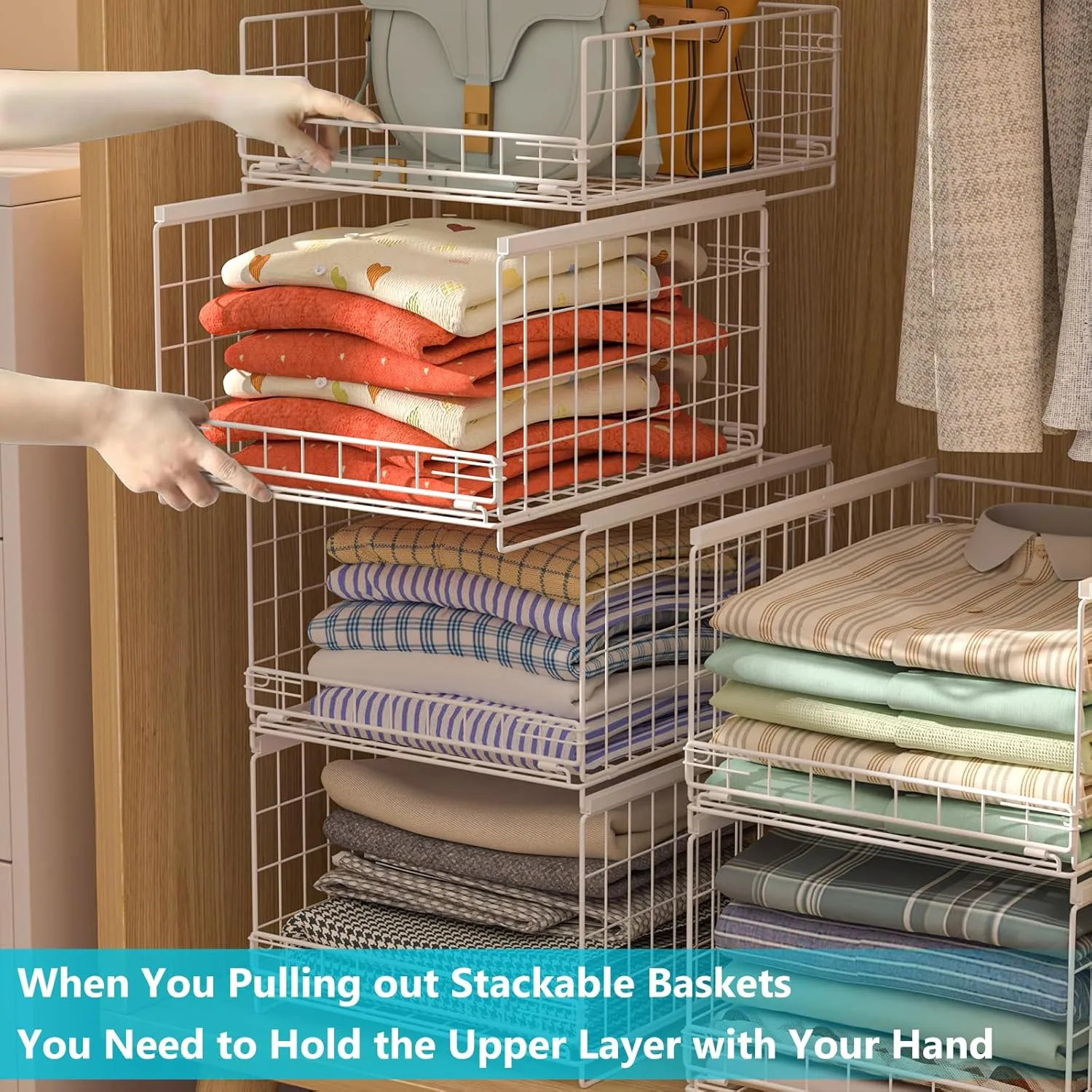 4-Tier Stackable Closet Organizers and Storage Shelves, Sliding Storage Basket Clothes Bins Drawer Shelf Container for Wardrobe Kitchen Bathroom Office, White
