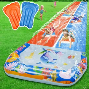 40FT Slip Double Water Slides with 2 Bodyboards, Extra Long Lawn Water Slides for Kids Adults Heavy Duty, Giant Outdoor Water Slip Toys with Crash Pad for Backyard Summer Party