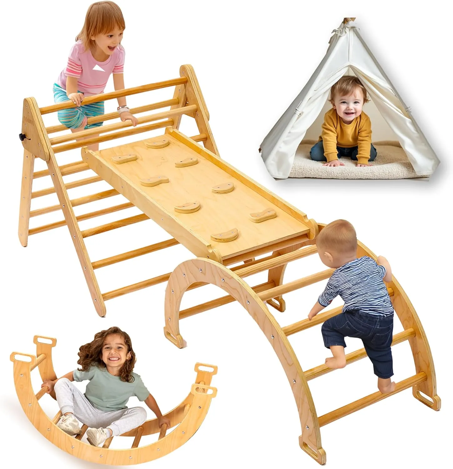 5 in 1 Pikler Triangle Set, Montessori Toddler Climbing Toys Indoor, Baby Wooden Play Pickler, Kids Climber