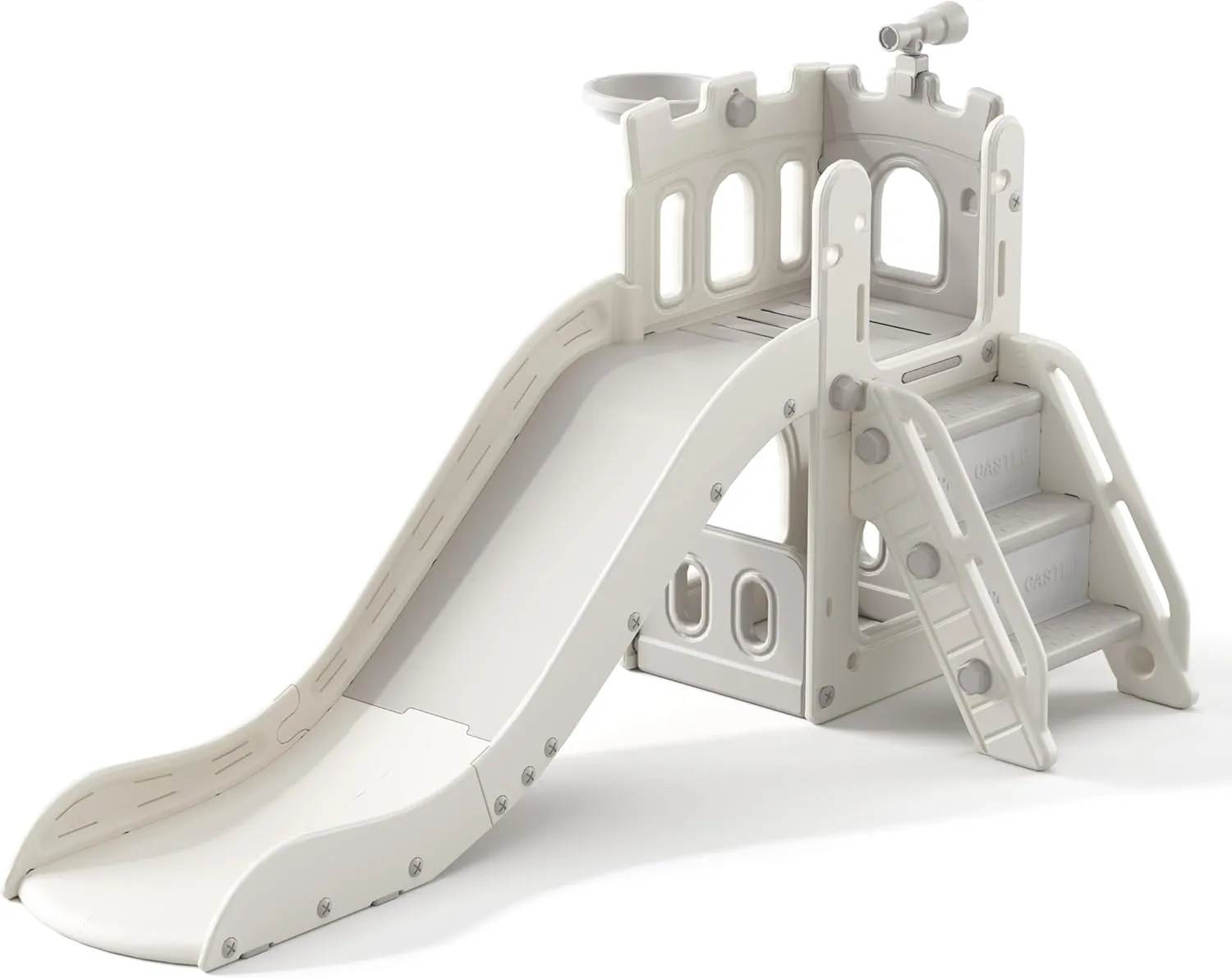 5 in 1 Toddler Slide, Extra-Long Kids Slide for Toddlers Age 1  with Basketball Hoop and Ball, Storage Space, Indoor Outdoor Slide Playset Toddler Playground Climber Playset, Grey
