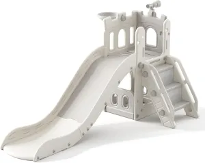 5 in 1 Toddler Slide, Extra-Long Kids Slide for Toddlers Age 1  with Basketball Hoop and Ball, Storage Space, Indoor Outdoor Slide Playset Toddler Playground Climber Playset, Grey