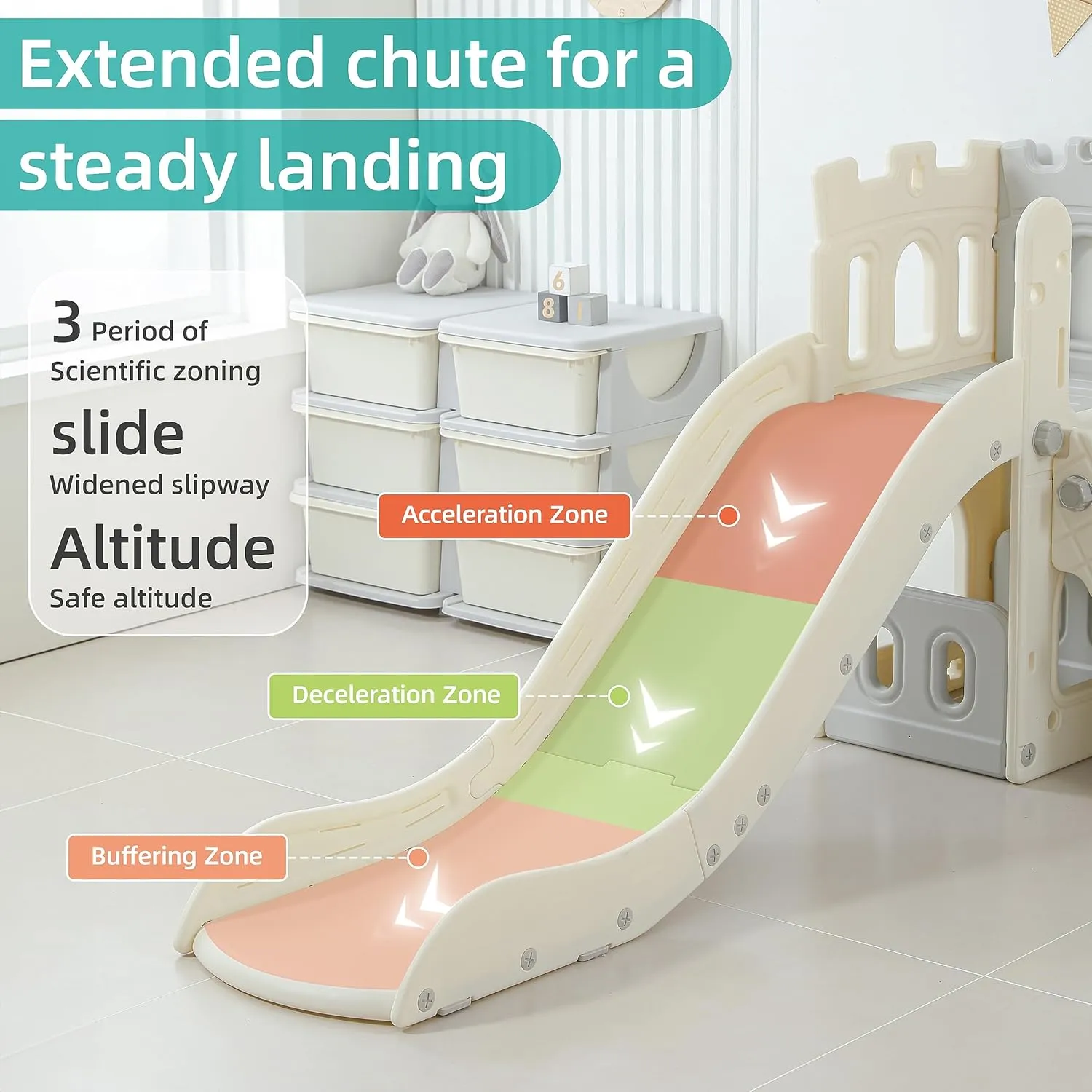 5 in 1 Toddler Slide, Extra-Long Kids Slide for Toddlers Age 1  with Basketball Hoop and Ball, Storage Space, Indoor Outdoor Slide Playset Toddler Playground Climber Playset, Grey
