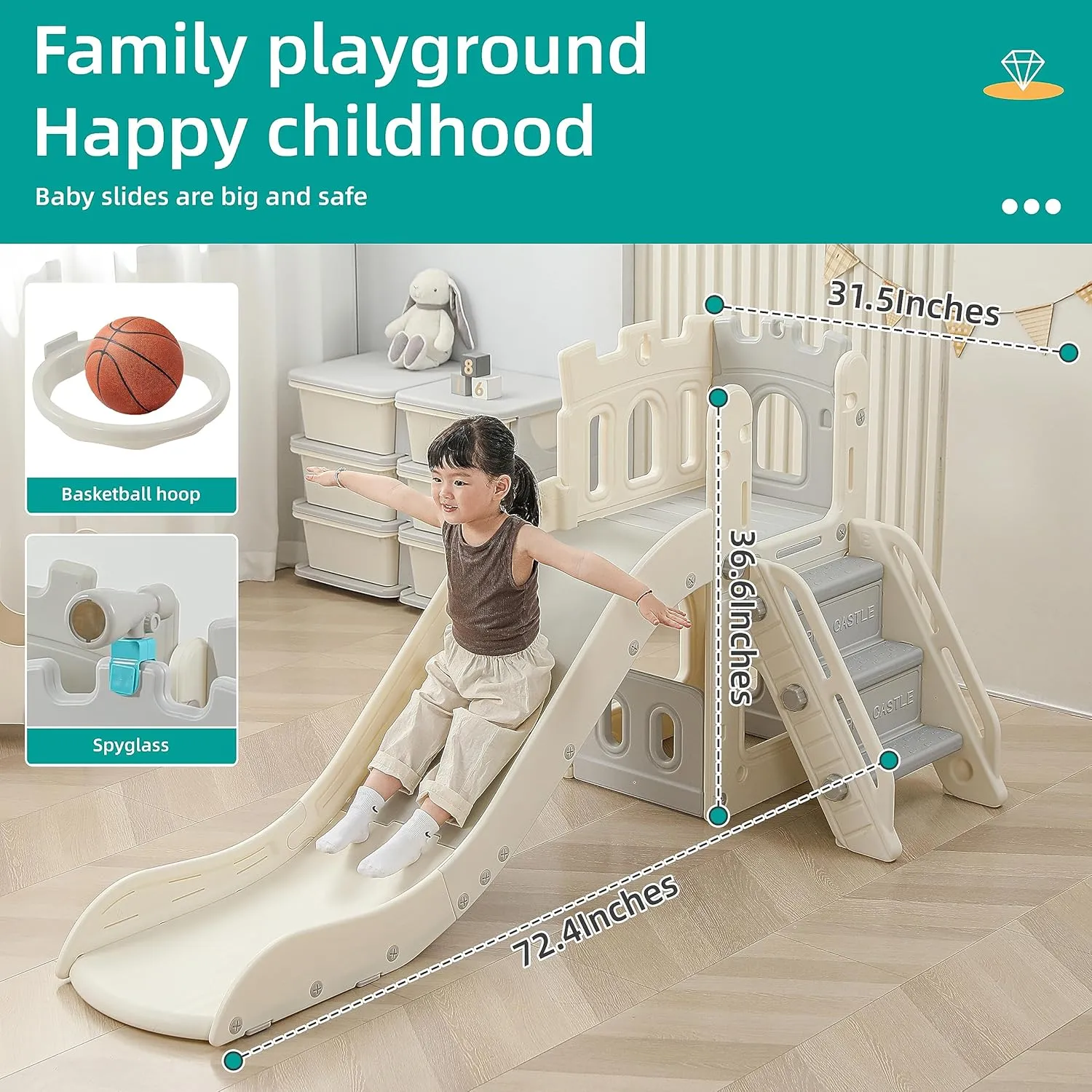 5 in 1 Toddler Slide, Extra-Long Kids Slide for Toddlers Age 1  with Basketball Hoop and Ball, Storage Space, Indoor Outdoor Slide Playset Toddler Playground Climber Playset, Grey