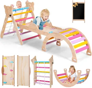 8 in 1 Pikler Triangle Set for Toddler, Foldable Wooden Montessori Climbing Toys with Sliding, Seesaw & Climbing Arch, Indoor Outdoor Playground Jungle Gym for Baby, Kids (Rainbow)
