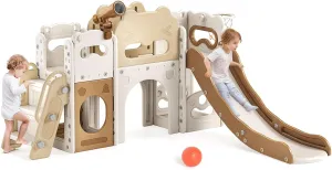 8-in-1 Toddler Slide Set, Indoor Slide for Kids with Climber, Basketball Hoop, Tunnel and Storage Space, Outdoor Playset Playground for Children Age 1  Backyard (Coffee)