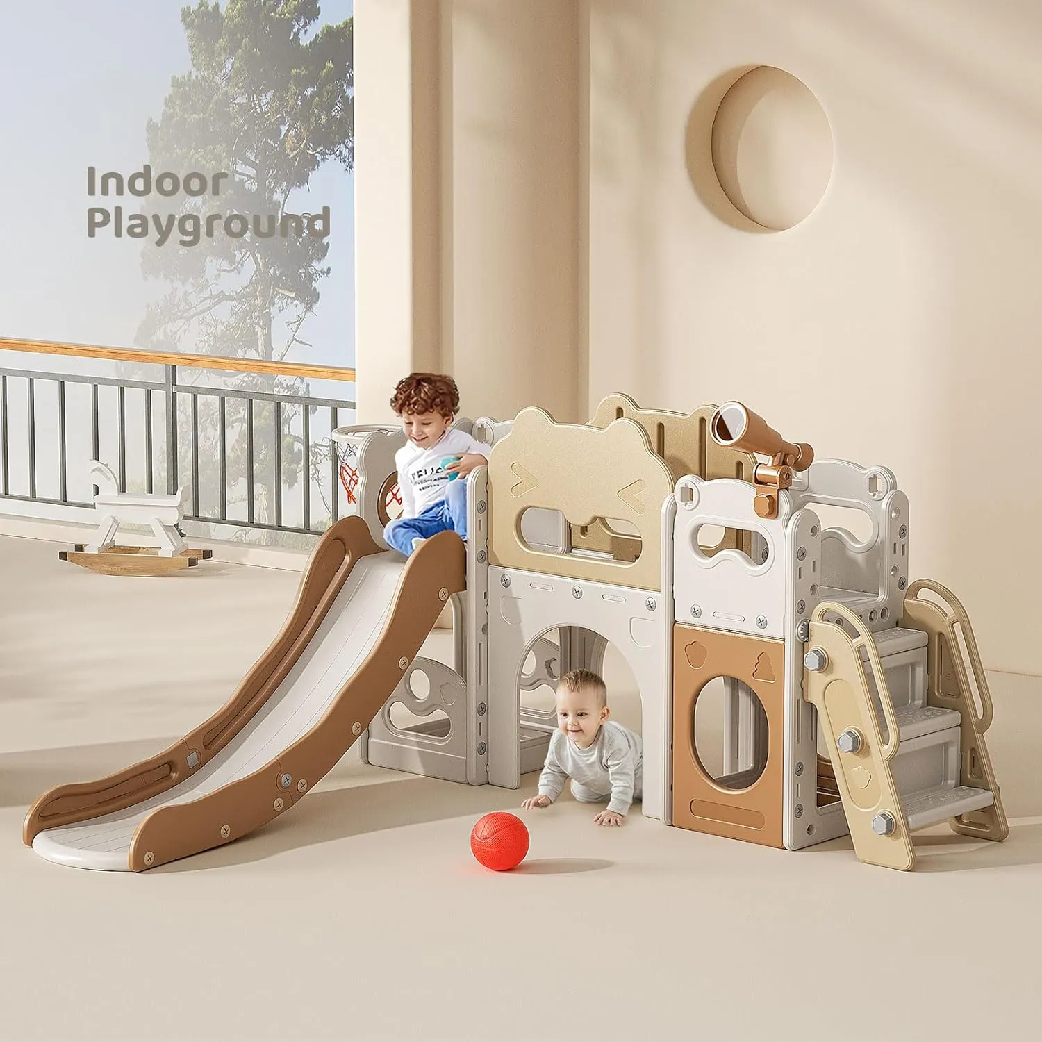 8-in-1 Toddler Slide Set, Indoor Slide for Kids with Climber, Basketball Hoop, Tunnel and Storage Space, Outdoor Playset Playground for Children Age 1  Backyard (Coffee)