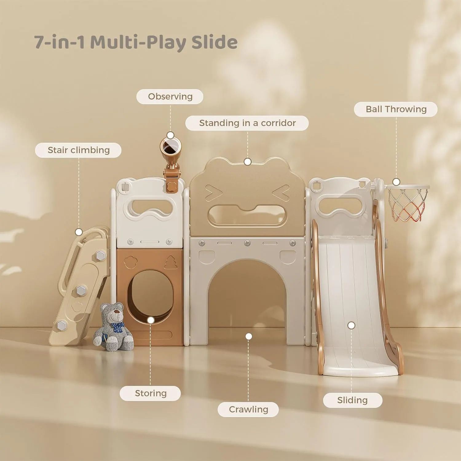 8-in-1 Toddler Slide Set, Indoor Slide for Kids with Climber, Basketball Hoop, Tunnel and Storage Space, Outdoor Playset Playground for Children Age 1  Backyard (Coffee)