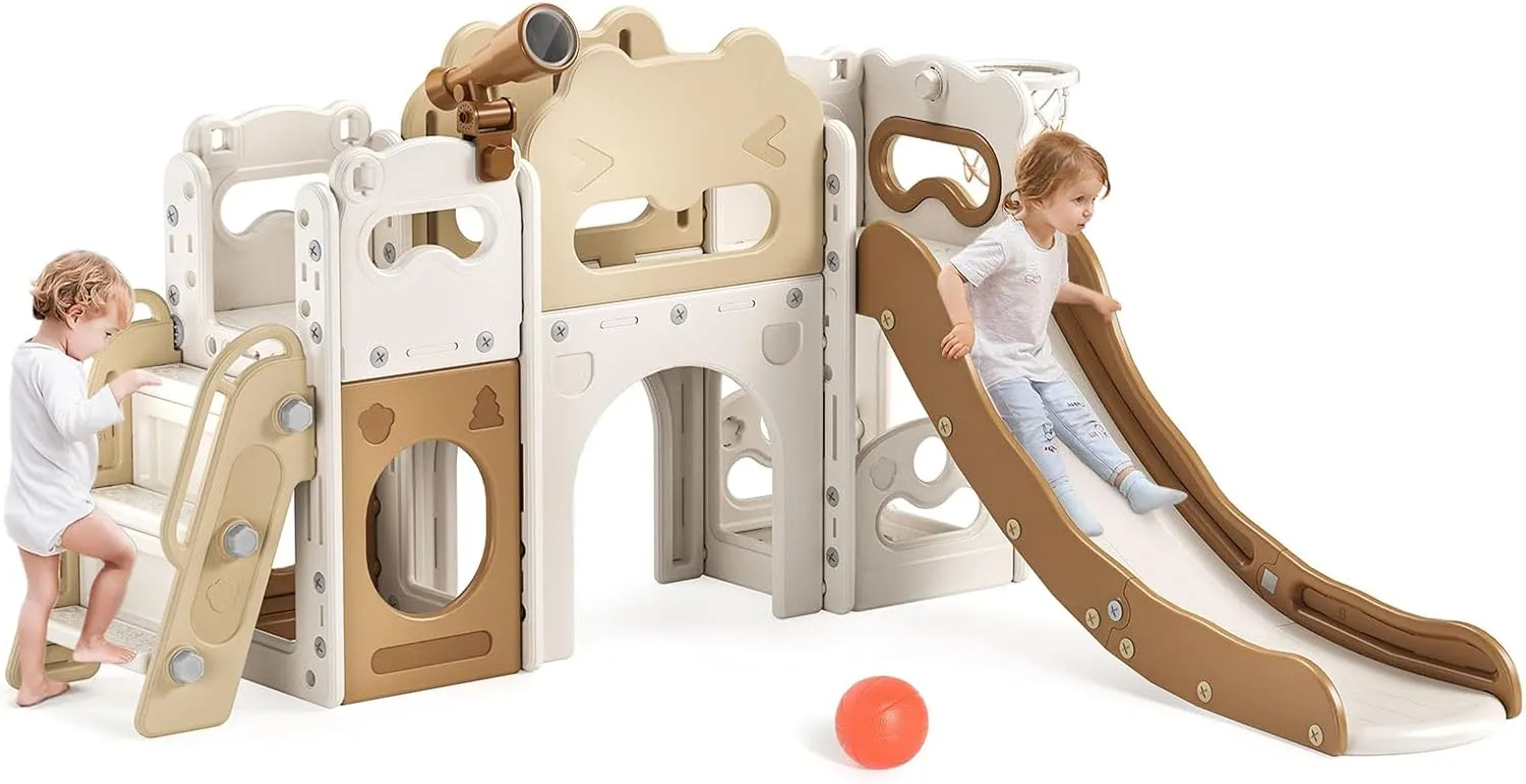 8-in-1 Toddler Slide Set, Indoor Slide for Kids with Climber, Basketball Hoop, Tunnel and Storage Space, Outdoor Playset Playground for Children Age 1  Backyard (Coffee)
