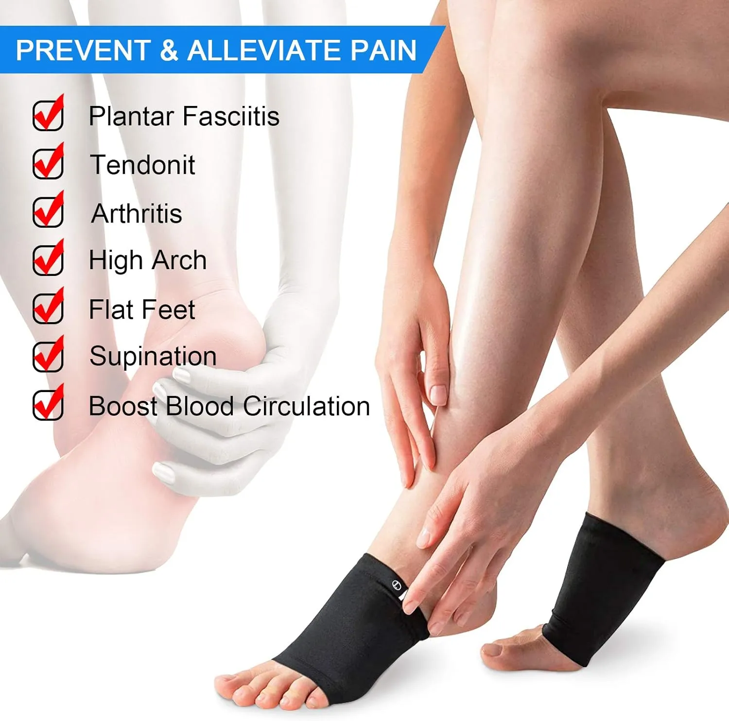 Ailaka 2 Pairs Compression Arch Support Sleeves, Cushioned Arch Support Braces Gel Pads for Flat Foot Pain Relief Plantar Fasciitis Heel Spurs