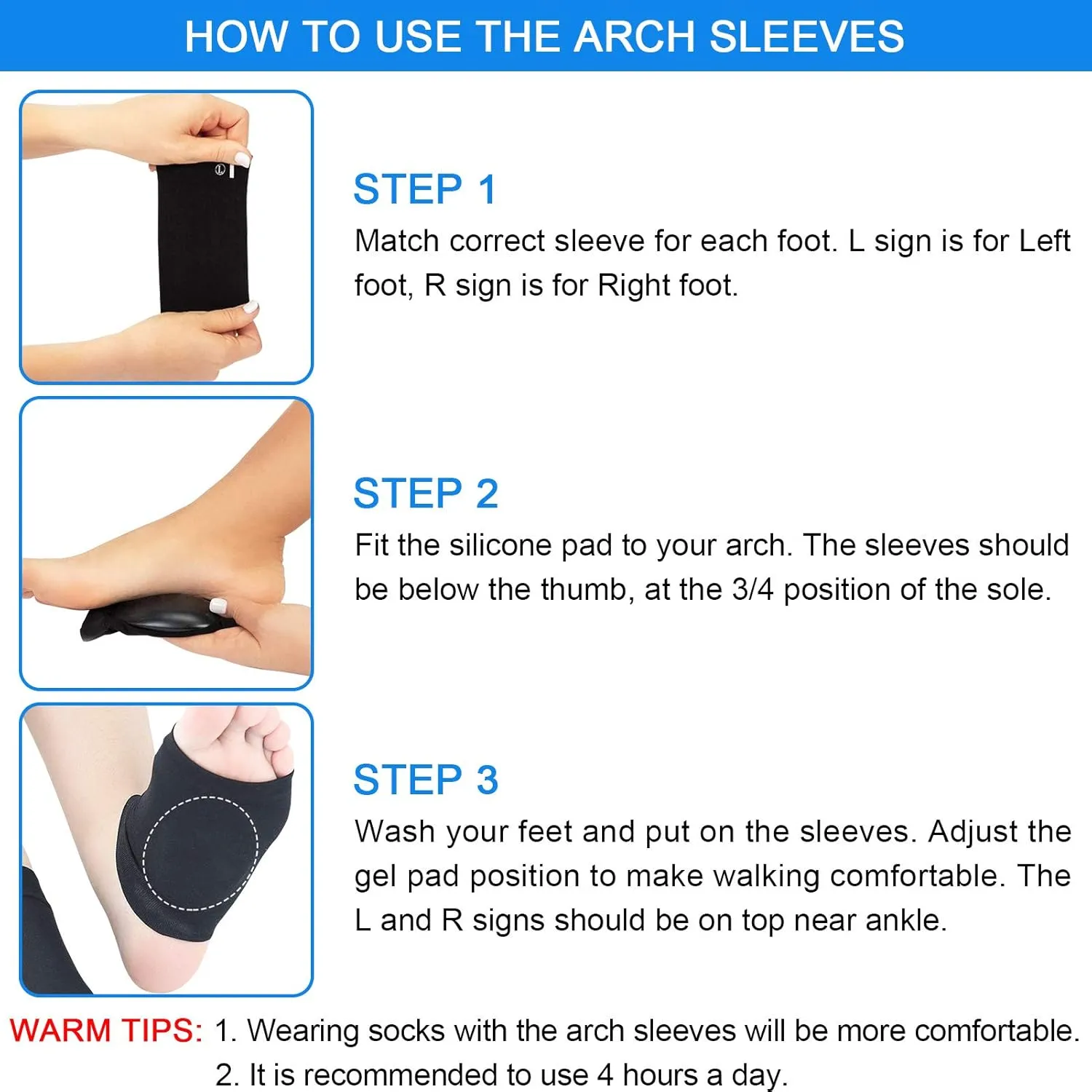 Ailaka 2 Pairs Compression Arch Support Sleeves, Cushioned Arch Support Braces Gel Pads for Flat Foot Pain Relief Plantar Fasciitis Heel Spurs
