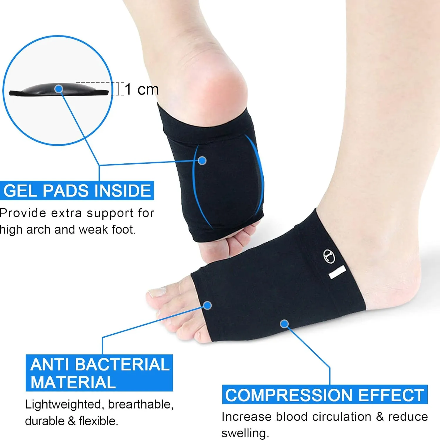 Ailaka 2 Pairs Compression Arch Support Sleeves, Cushioned Arch Support Braces Gel Pads for Flat Foot Pain Relief Plantar Fasciitis Heel Spurs