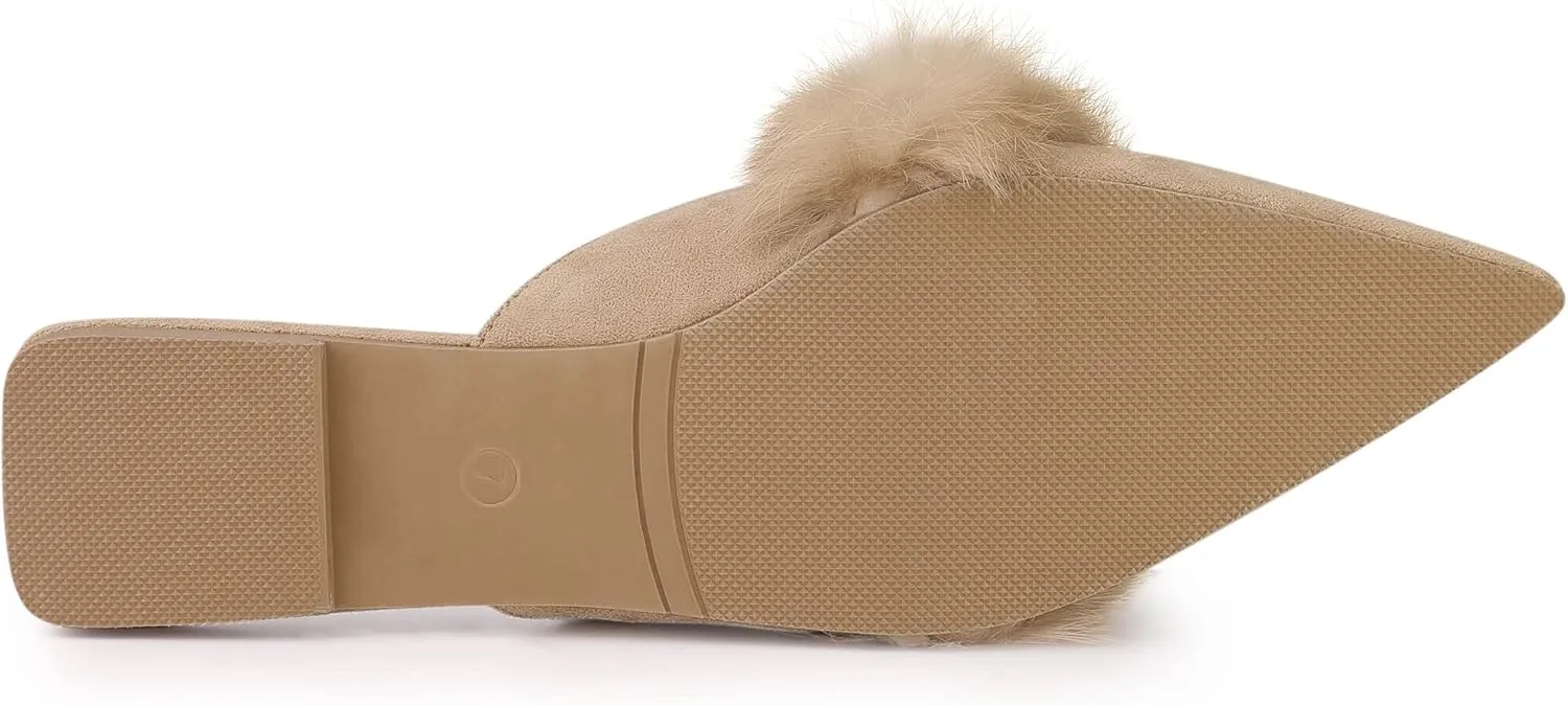 Allegra K Women's Pointed Toe Faux Fur Slip on Flat Slide Mules