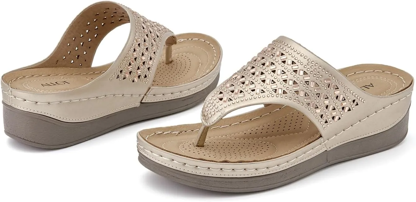 ALLOT Women's Comfortable Flip Flops Slip On Arch Support Platform Wedge Thong Sandals Rhinestone Hollow out Dressy Summer Slide Beach Walking Shoes