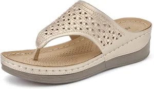 ALLOT Women's Comfortable Flip Flops Slip On Arch Support Platform Wedge Thong Sandals Rhinestone Hollow out Dressy Summer Slide Beach Walking Shoes