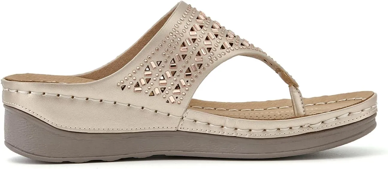 ALLOT Women's Comfortable Flip Flops Slip On Arch Support Platform Wedge Thong Sandals Rhinestone Hollow out Dressy Summer Slide Beach Walking Shoes