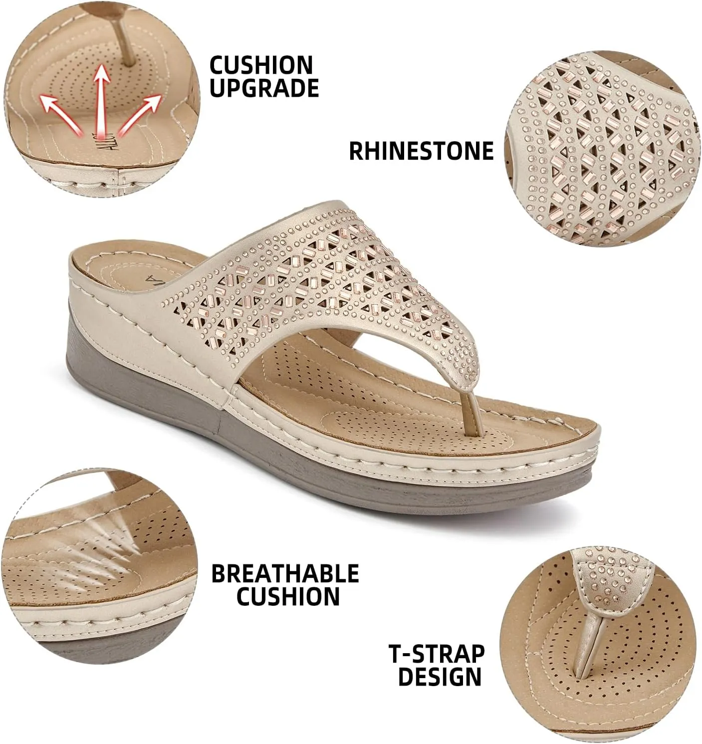 ALLOT Women's Comfortable Flip Flops Slip On Arch Support Platform Wedge Thong Sandals Rhinestone Hollow out Dressy Summer Slide Beach Walking Shoes
