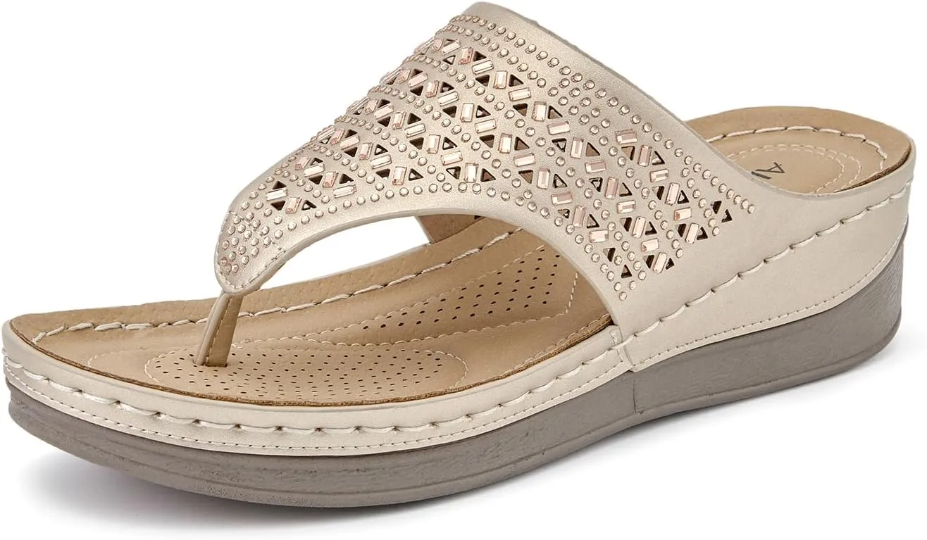 ALLOT Women's Comfortable Flip Flops Slip On Arch Support Platform Wedge Thong Sandals Rhinestone Hollow out Dressy Summer Slide Beach Walking Shoes