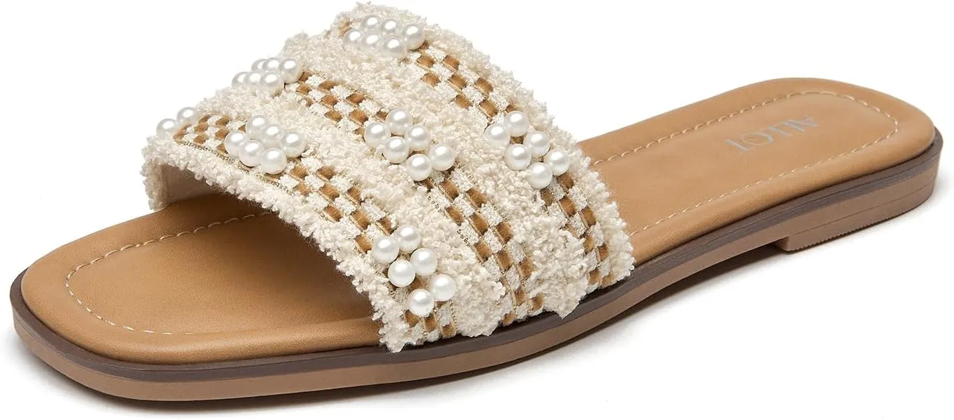 ALLOT Women's Pearls Flat Sandals Square Toe Slip On Comfortable Slides Summer Casual Beach Shoes