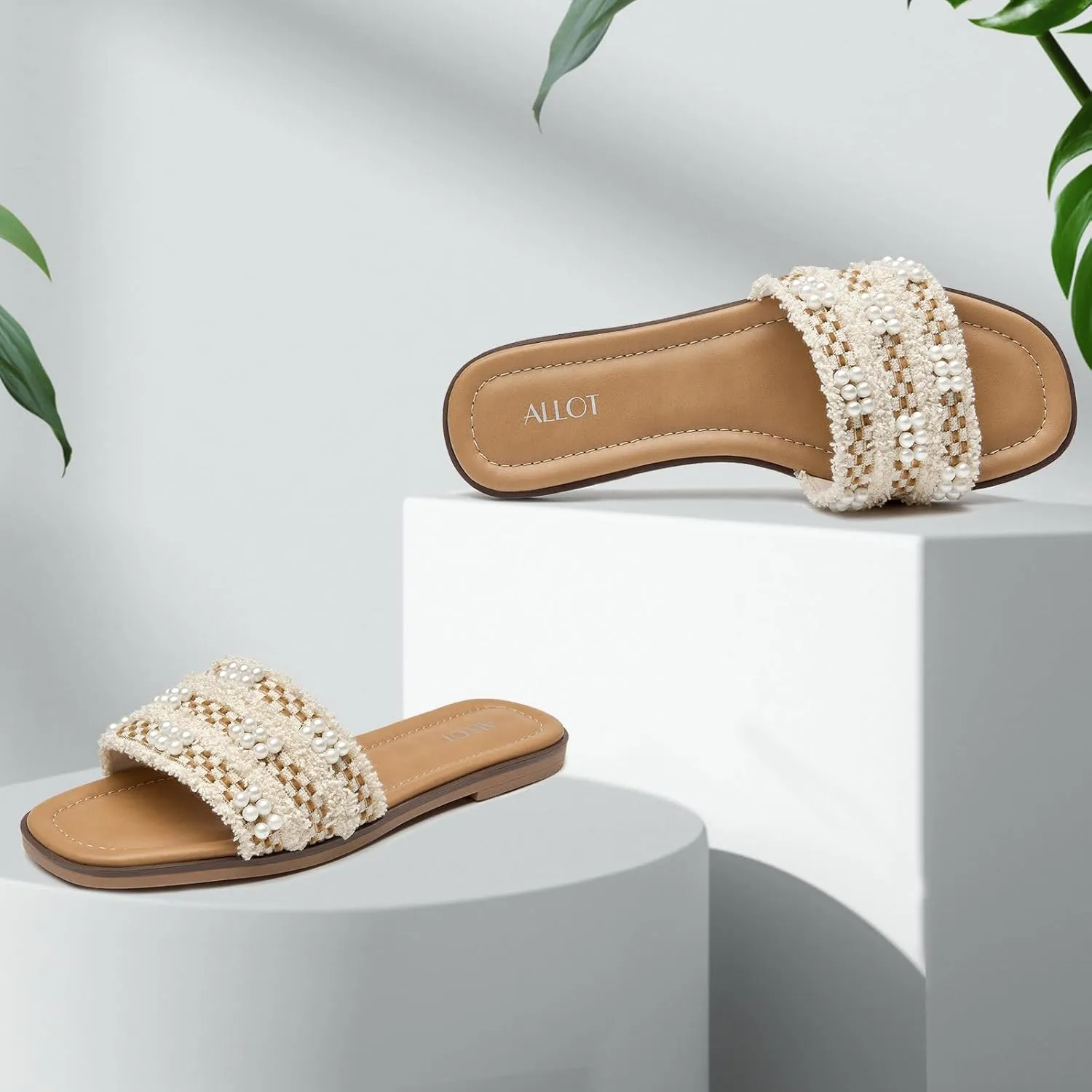 ALLOT Women's Pearls Flat Sandals Square Toe Slip On Comfortable Slides Summer Casual Beach Shoes