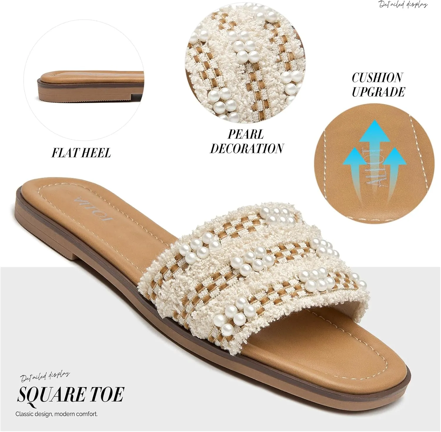 ALLOT Women's Pearls Flat Sandals Square Toe Slip On Comfortable Slides Summer Casual Beach Shoes