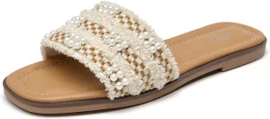 ALLOT Women's Pearls Flat Sandals Square Toe Slip On Comfortable Slides Summer Casual Beach Shoes